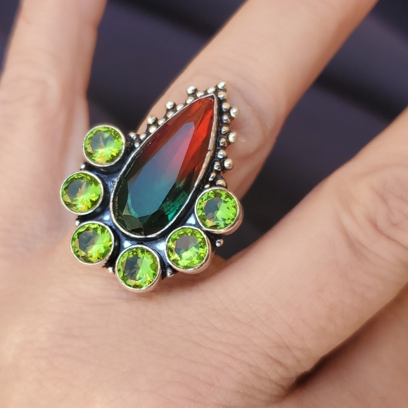 New Bi-Color Tourmaline & Peridot 925 Silver Statement Ring. - Picture 7 of 16